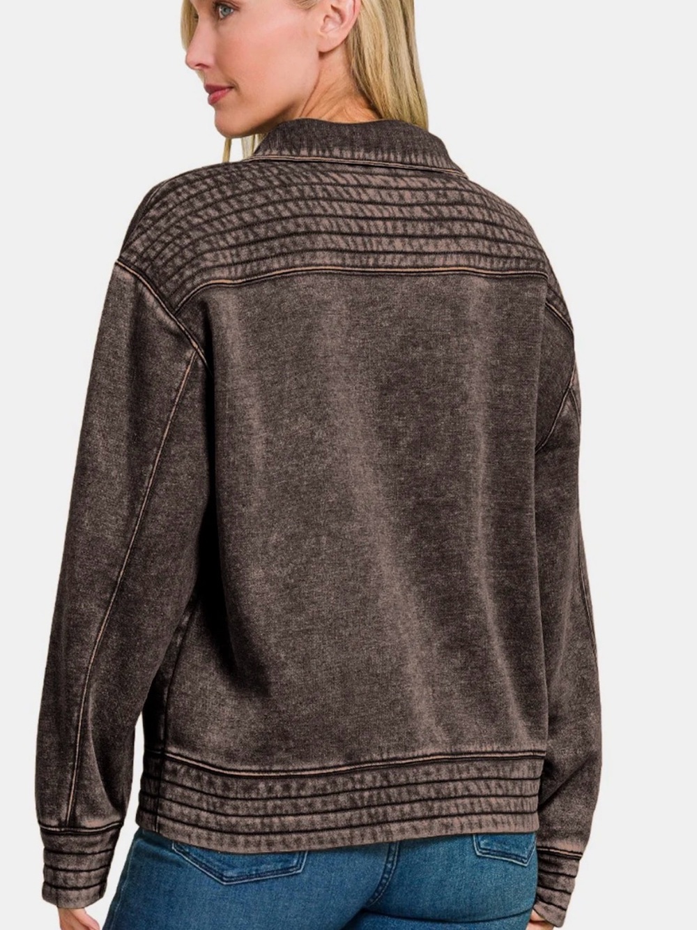 Zenana Acid Washed Half Snap Fleece Sweatshirt - Picture 2 of 3